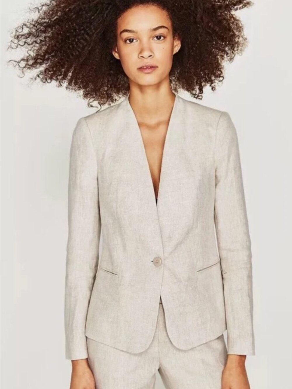 Zara Basic Beige 100% Linen Tailored Blazer Size 10
